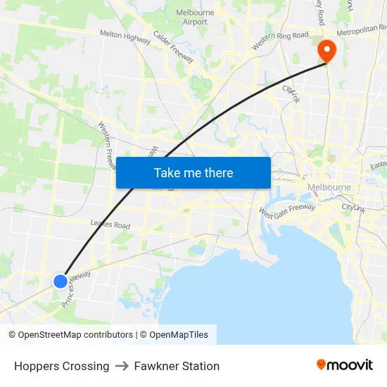 Hoppers Crossing to Fawkner Station map