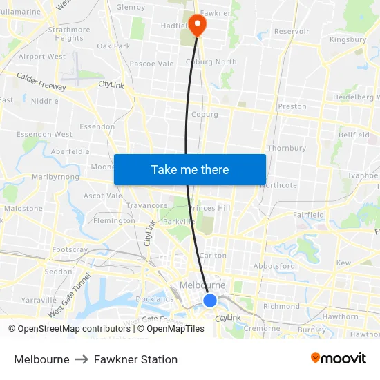 Melbourne to Fawkner Station map