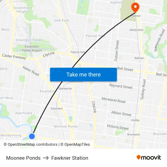 Moonee Ponds to Fawkner Station map