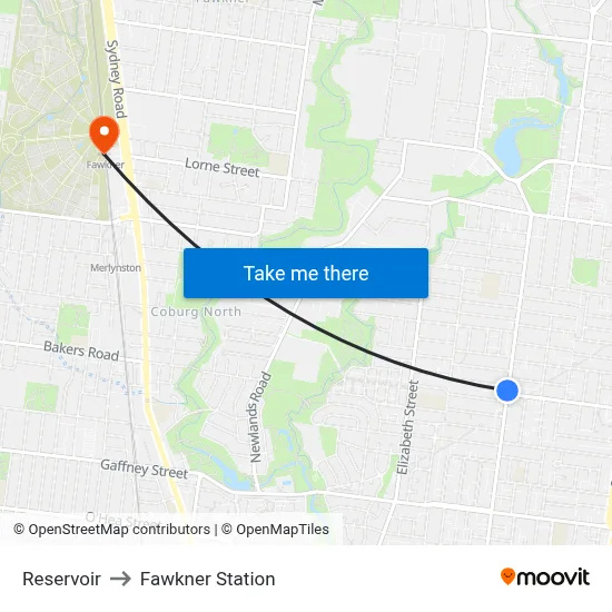Reservoir to Fawkner Station map