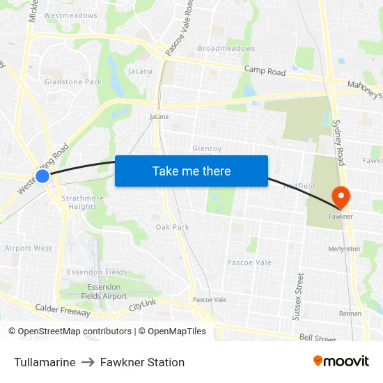 Tullamarine to Fawkner Station map