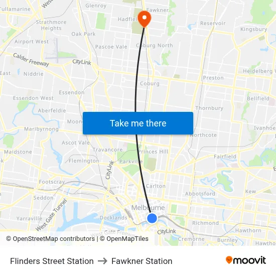 Flinders Street Station to Fawkner Station map