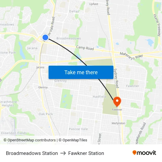 Broadmeadows Station to Fawkner Station map