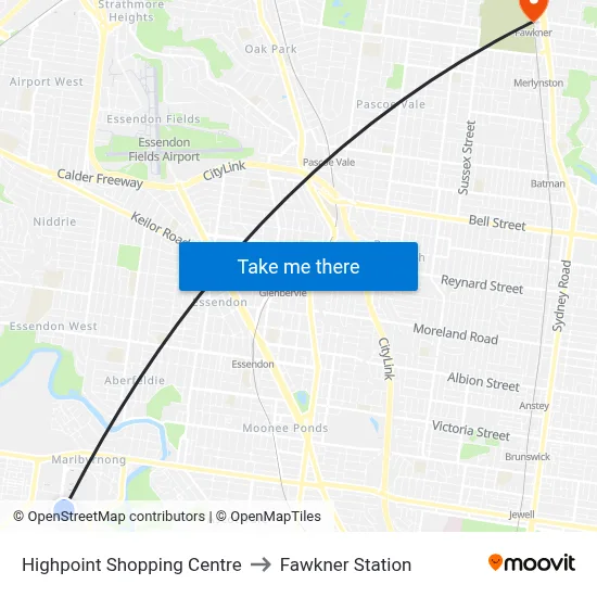 Highpoint Shopping Centre to Fawkner Station map