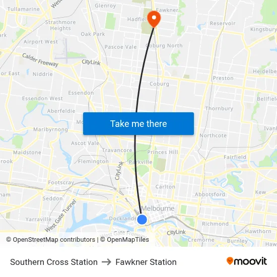 Southern Cross Station to Fawkner Station map