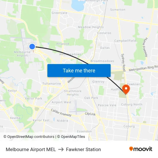 Melbourne Airport MEL to Fawkner Station map