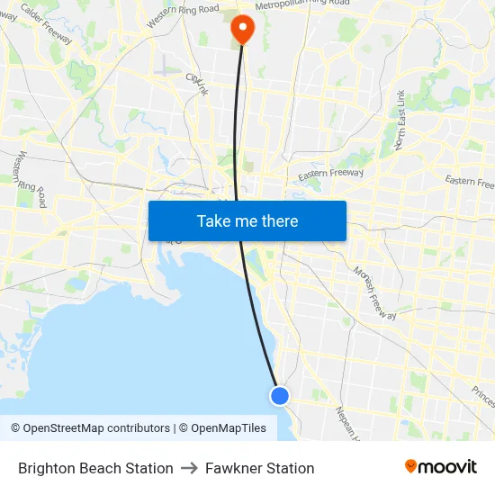 Brighton Beach Station to Fawkner Station map