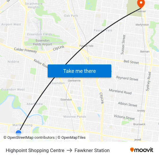 Highpoint Shopping Centre to Fawkner Station map