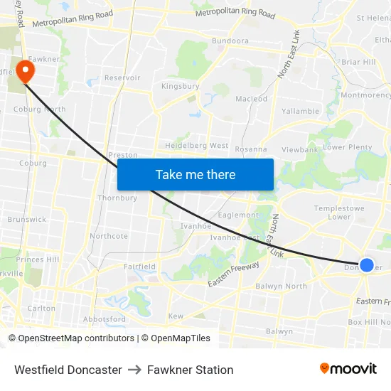 Westfield Doncaster to Fawkner Station map
