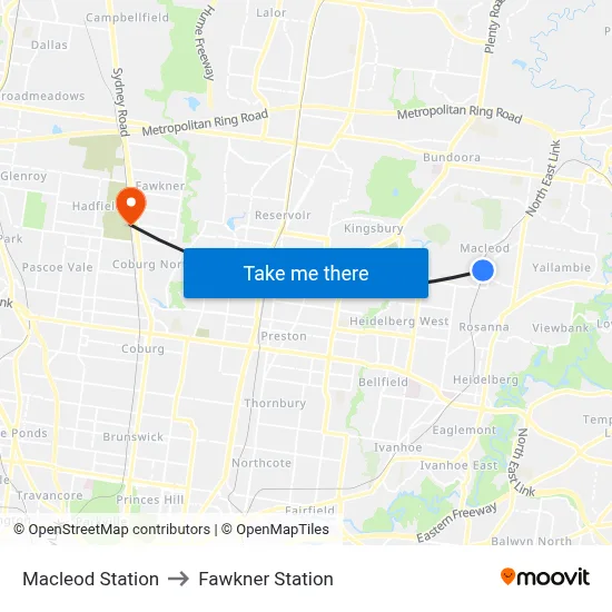 Macleod Station to Fawkner Station map