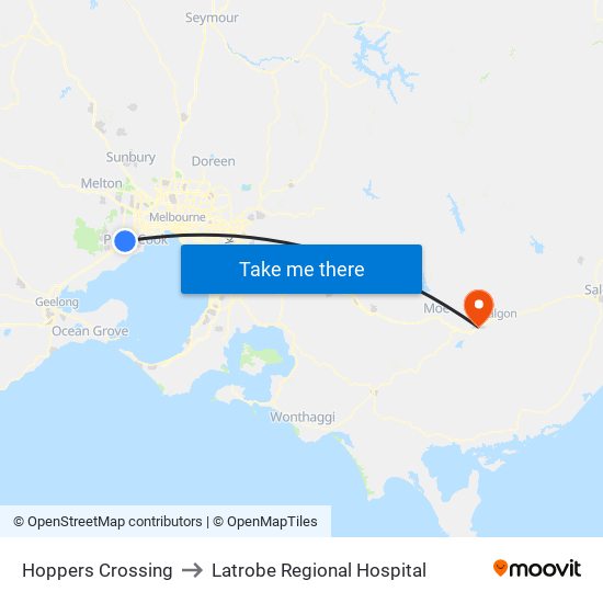 Hoppers Crossing to Latrobe Regional Hospital map