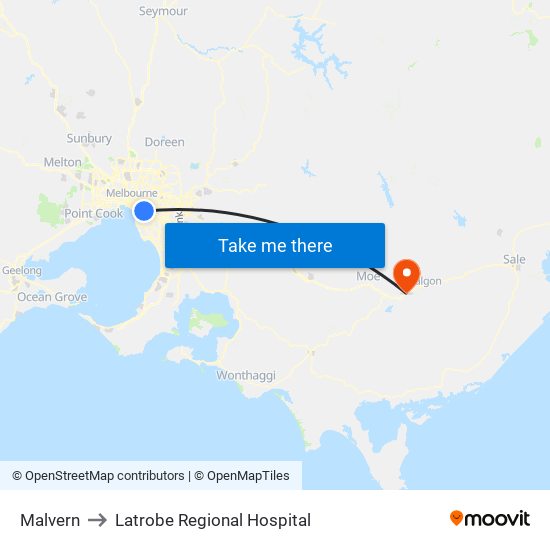 Malvern to Latrobe Regional Hospital map