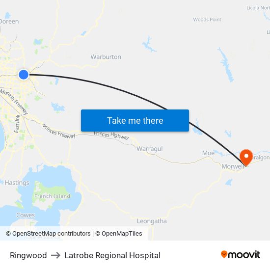 Ringwood to Latrobe Regional Hospital map