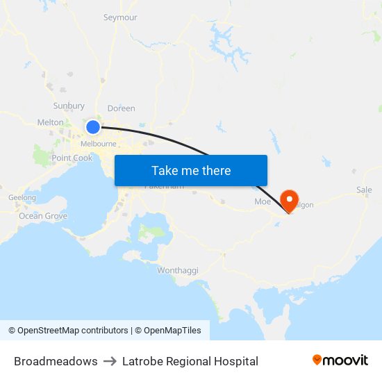 Broadmeadows to Latrobe Regional Hospital map