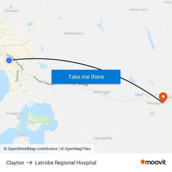 Clayton to Latrobe Regional Hospital map