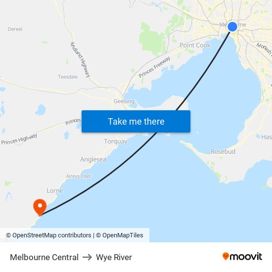 Melbourne Central to Wye River map