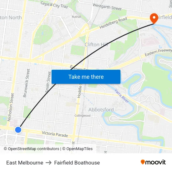 East Melbourne to Fairfield Boathouse map