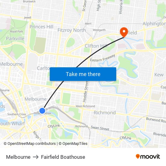 Melbourne to Fairfield Boathouse map