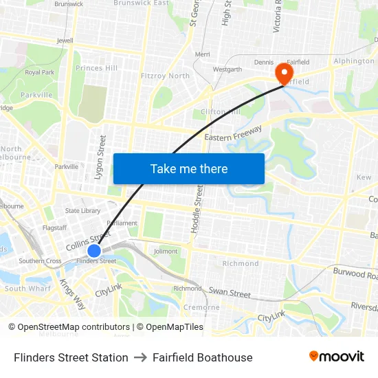 Flinders Street Station to Fairfield Boathouse map