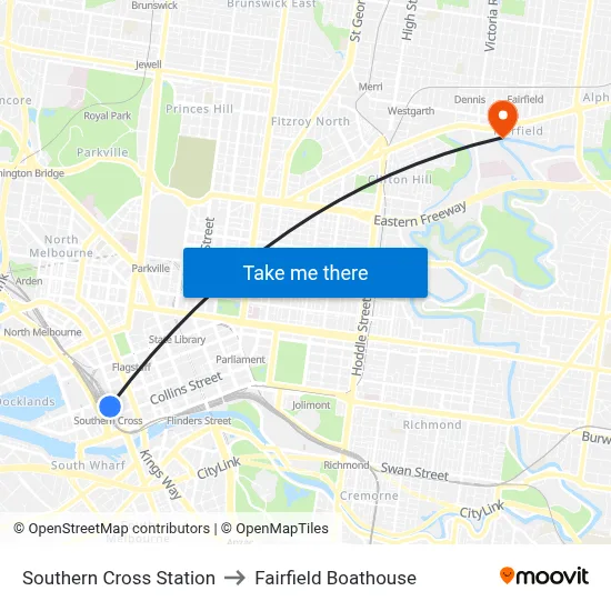 Southern Cross Station to Fairfield Boathouse map