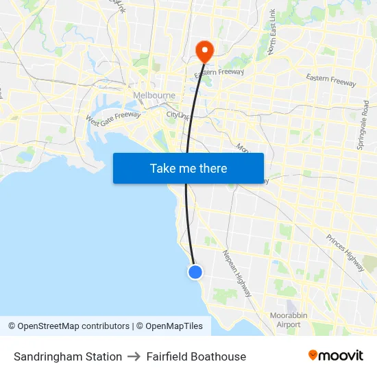 Sandringham Station to Fairfield Boathouse map
