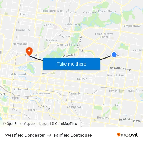 Westfield Doncaster to Fairfield Boathouse map