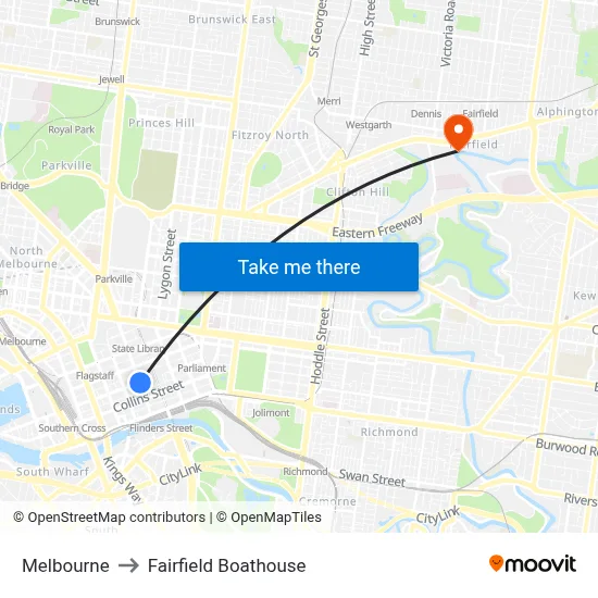 Melbourne to Fairfield Boathouse map