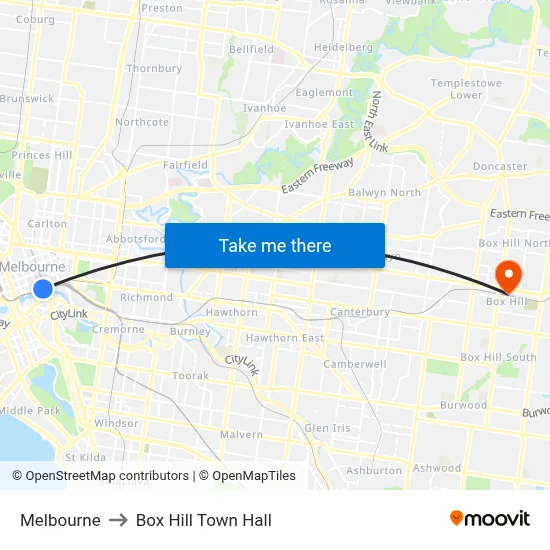 Melbourne to Box Hill Town Hall map