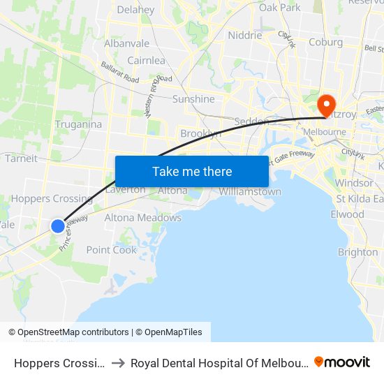 Hoppers Crossing to Royal Dental Hospital Of Melbourne map