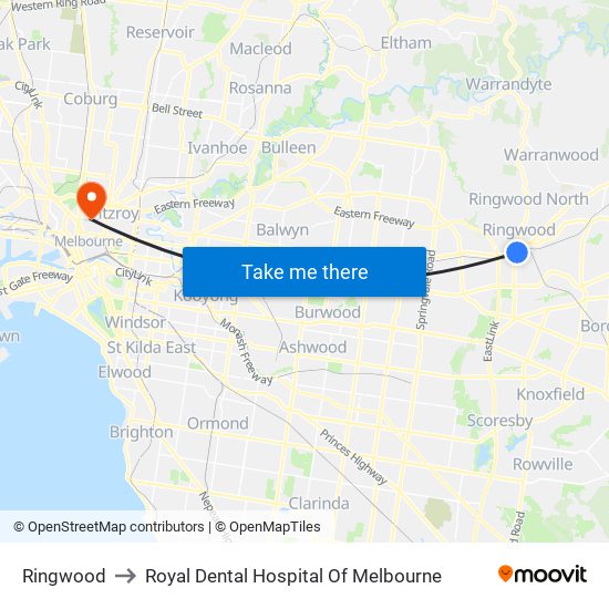 Ringwood to Royal Dental Hospital Of Melbourne map