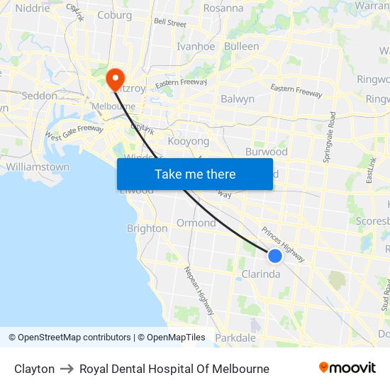 Clayton to Royal Dental Hospital Of Melbourne map