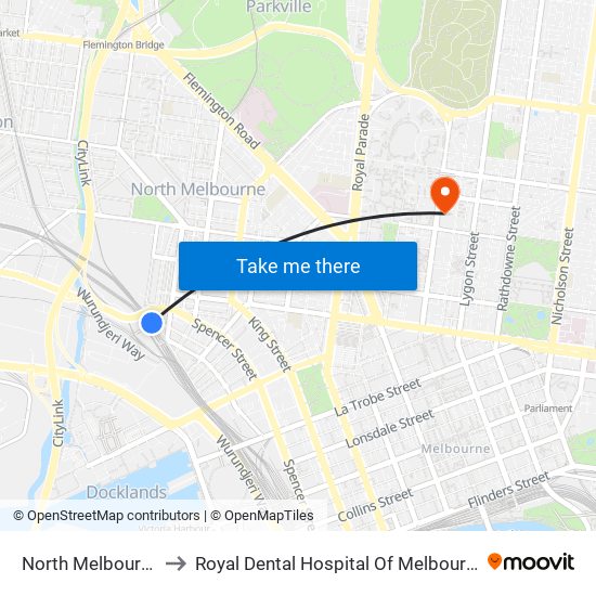 North Melbourne to Royal Dental Hospital Of Melbourne map