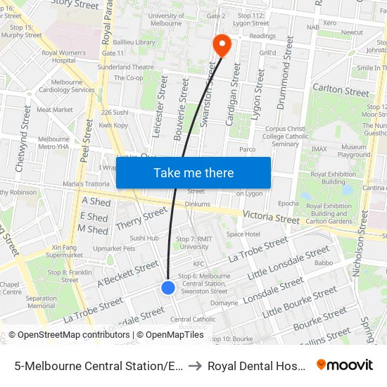 5-Melbourne Central Station/Elizabeth St (Melbourne City) to Royal Dental Hospital Of Melbourne map