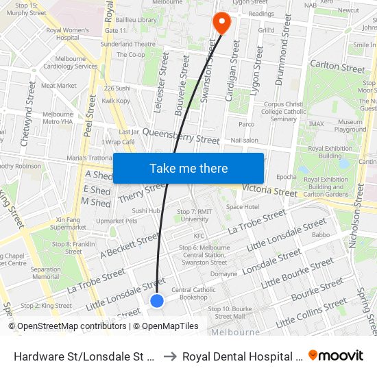 Hardware St/Lonsdale St (Melbourne City) to Royal Dental Hospital Of Melbourne map