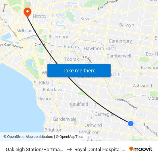 Oakleigh Station/Portman St (Oakleigh) to Royal Dental Hospital Of Melbourne map