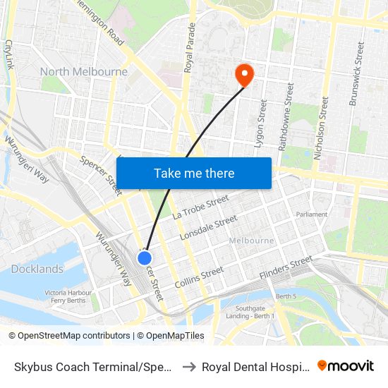 Skybus Coach Terminal/Spencer St (Melbourne City) to Royal Dental Hospital Of Melbourne map