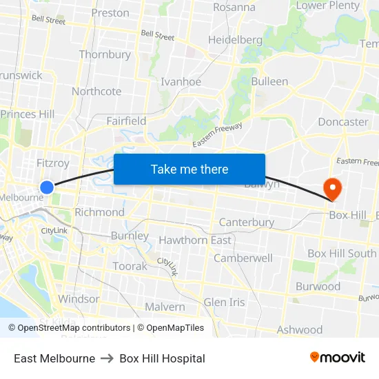 East Melbourne to Box Hill Hospital map