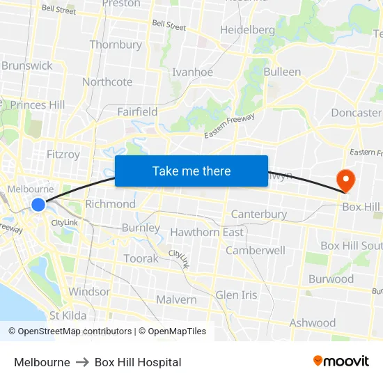 Melbourne to Box Hill Hospital map
