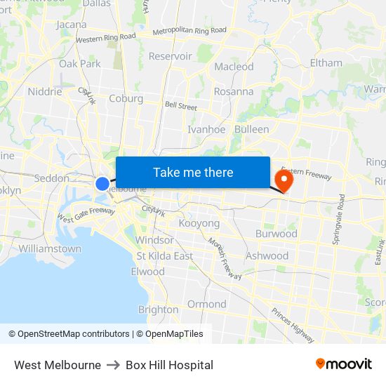 West Melbourne to Box Hill Hospital map