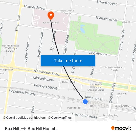 Box Hill to Box Hill Hospital map