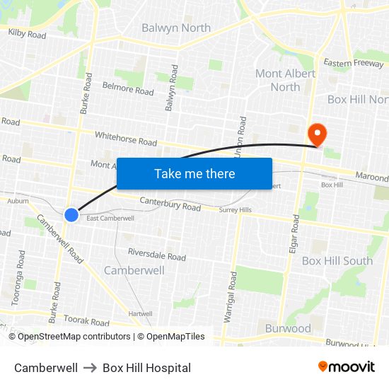 Camberwell to Box Hill Hospital map