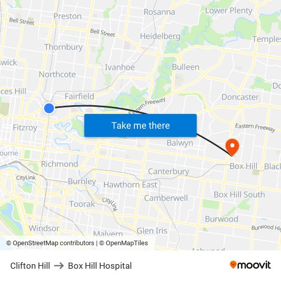 Clifton Hill to Box Hill Hospital map