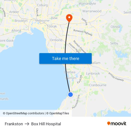 Frankston to Box Hill Hospital map