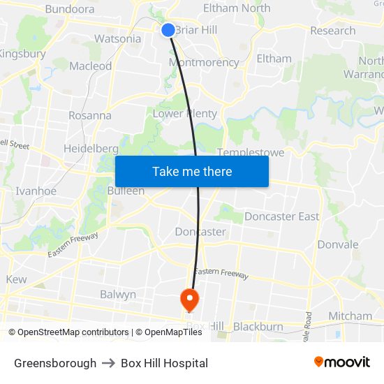 Greensborough to Box Hill Hospital map