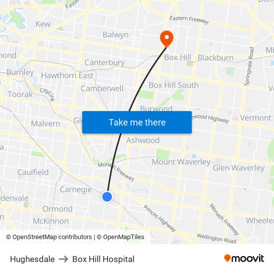 Hughesdale to Box Hill Hospital map