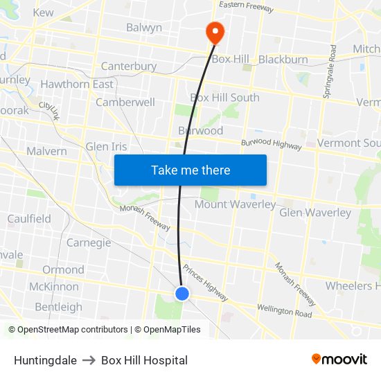 Huntingdale to Box Hill Hospital map