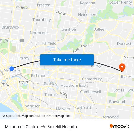 Melbourne Central to Box Hill Hospital map