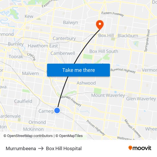 Murrumbeena to Box Hill Hospital map