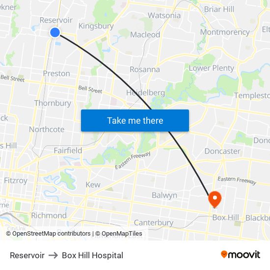 Reservoir to Box Hill Hospital map