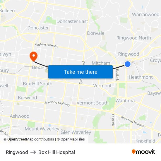 Ringwood to Box Hill Hospital map